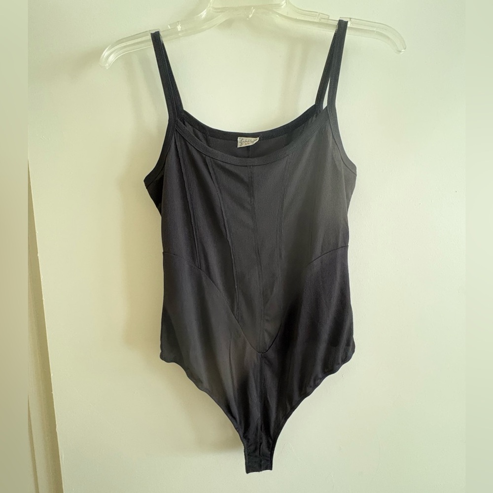 Intimately Free People Black Ribbed Thong Back Bodysuit, M